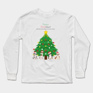 Happy Howlidays with Christmas Tree and Santa Puppies (Great Dane, Australian Shepherd, Brittany Spaniel and English Bulldog) Long Sleeve T-Shirt